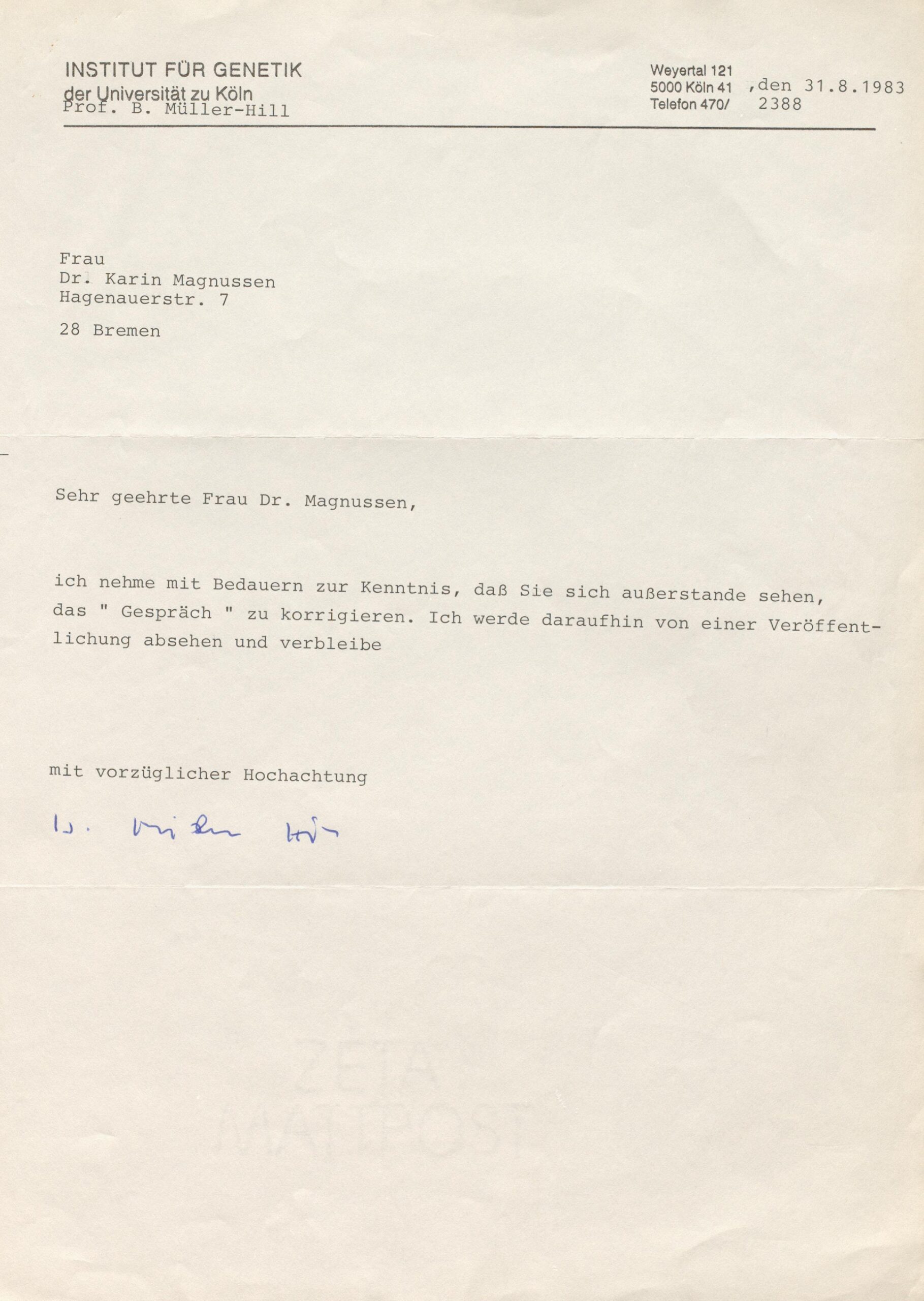 Scan0001 Typed letter in German from the Institut für Genetik, Universität zu Köln, addressed to Dr. Karin Magnussen, dated August 31, 1983, with a handwritten signature at the bottom.