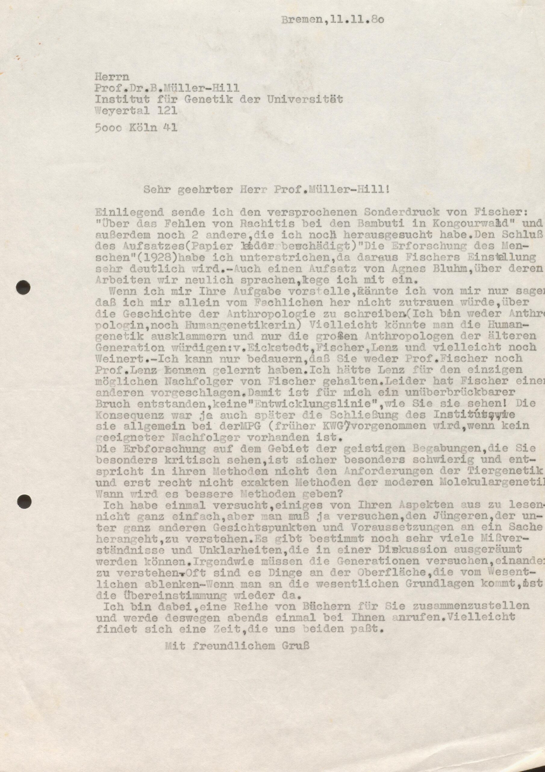 Scan0003 A typewritten letter in German, dated 11.11.80 from Bremen, addressed to Prof. Dr. Miller-Hill at the Institute for Genetics of the University of Cologne, discussing research papers and scientific work.