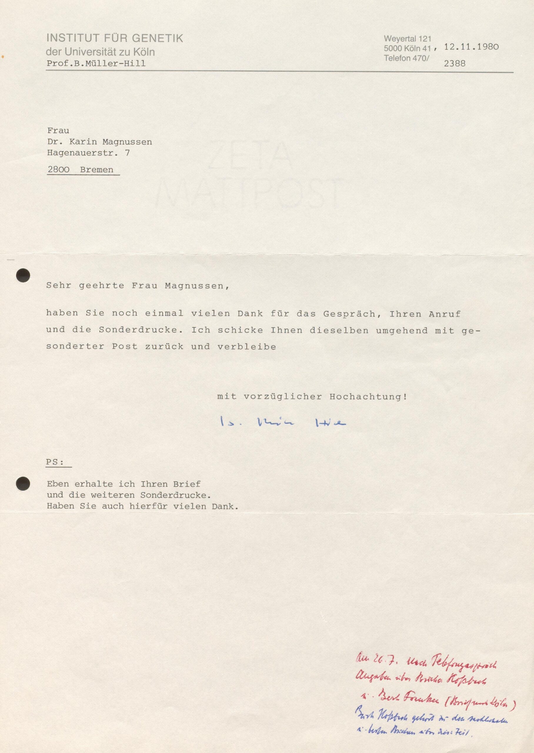 Scan0004 A typed letter in German on letterhead from the Institute for Genetics, University of Cologne, dated 12.11.1980, addressed to Dr. Karin Magnussen, with a handwritten note in red ink at the bottom.