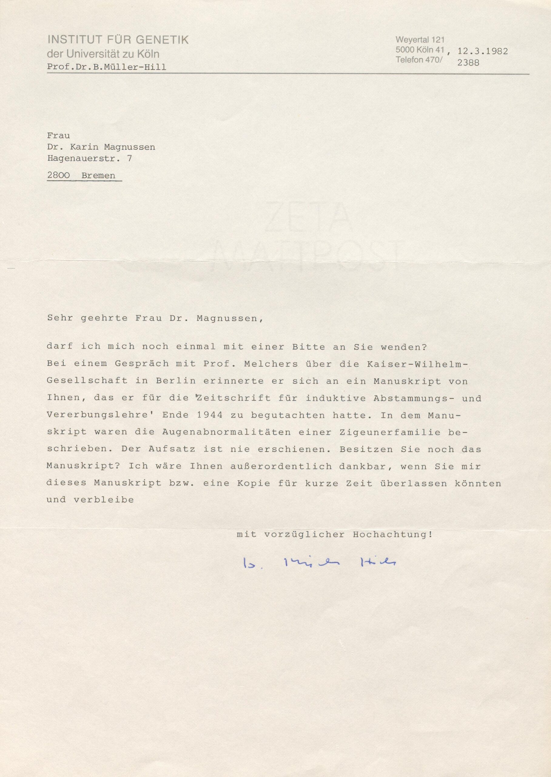 Scan0005 A typed letter in German on official letterhead, dated 12.3.1982, addressed to Dr. Karin Magnussen, with a handwritten signature at the bottom.