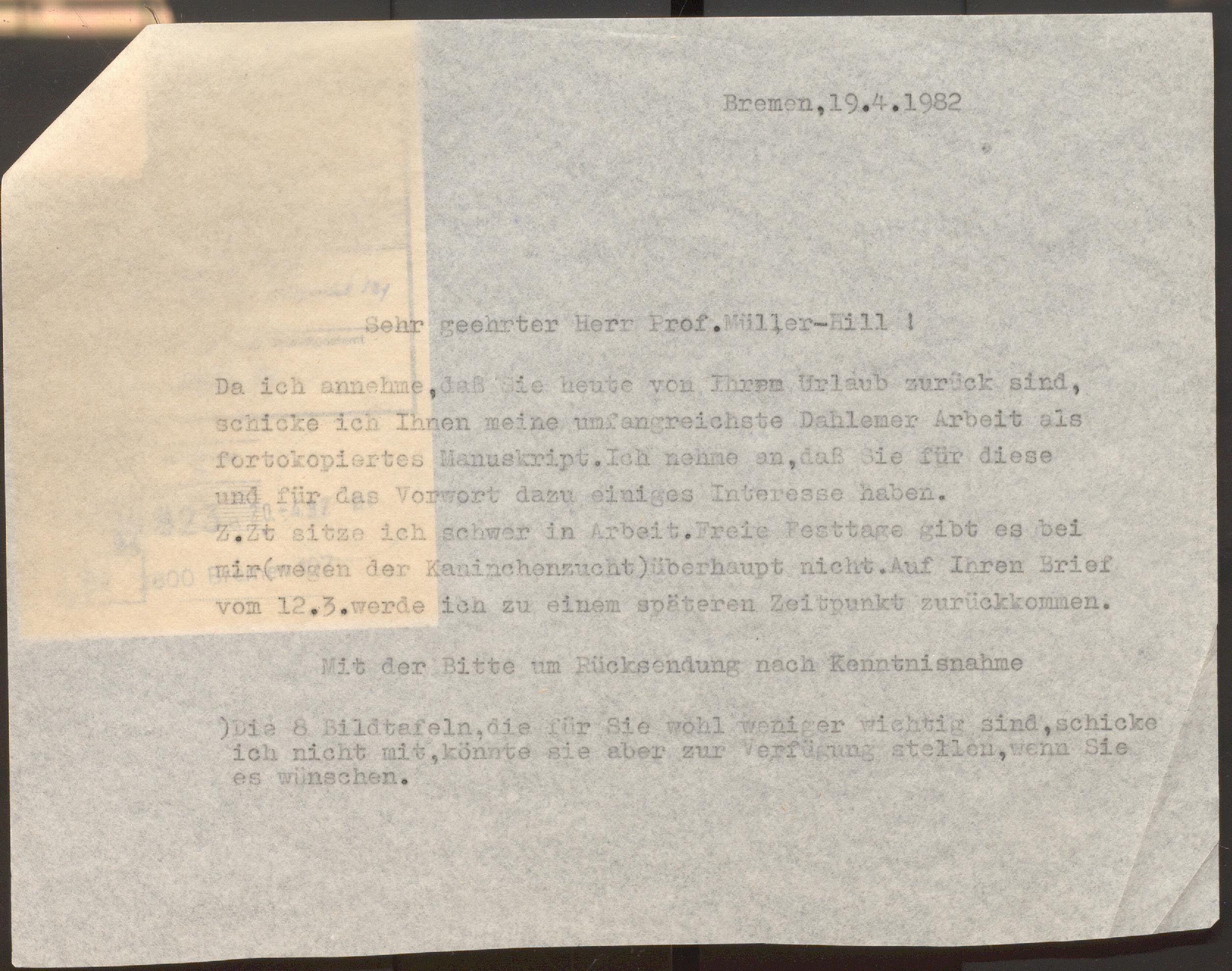 Scan0006 A typed German letter dated 19.4.1982 from Bremen, addressed to Prof. Willer-Hill, discussing a sent paper and mentioning that additional pages with images can be provided if desired.