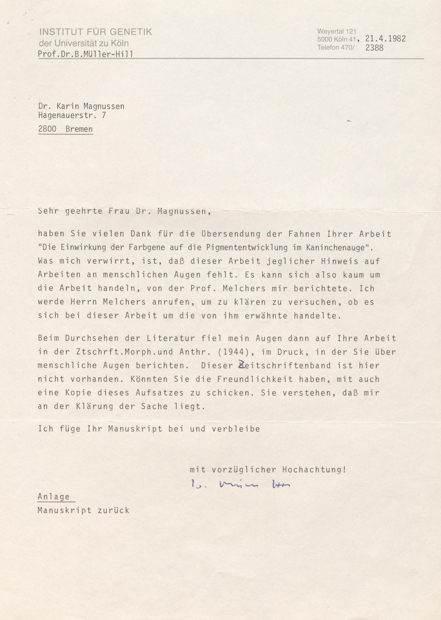 Scan0007 A typed letter on official letterhead from Institut für Genetik, Universität zu Köln, dated April 21, 1982, addressed to Dr. Karin Magnussen, discussing a manuscript about pigment mutations in rabbits.