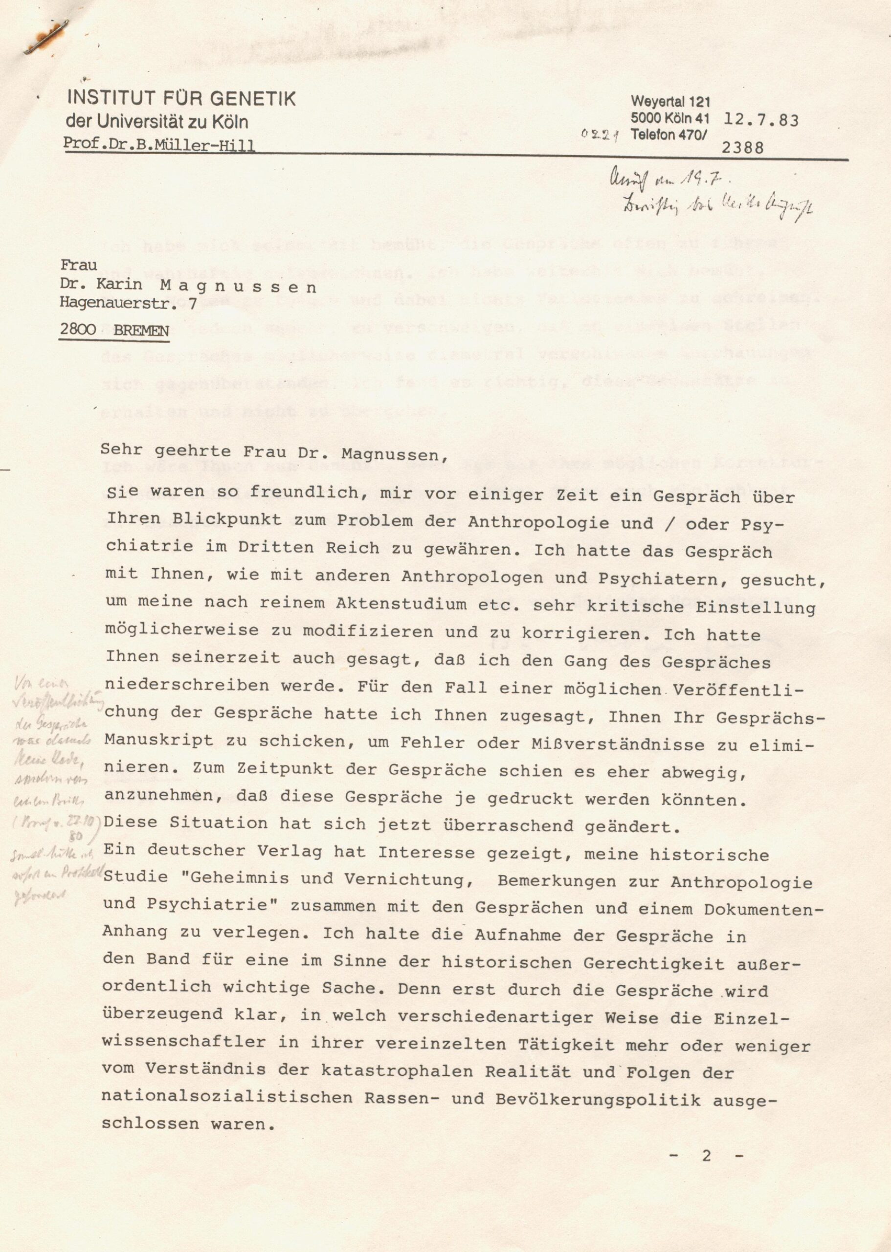Scan0012 A typewritten letter in German from the Institut für Genetik, dated 12.7.83, addressed to Dr. Karin Magnussen. The letter features a typed header and a watermark. There are handwritten notes at the top.