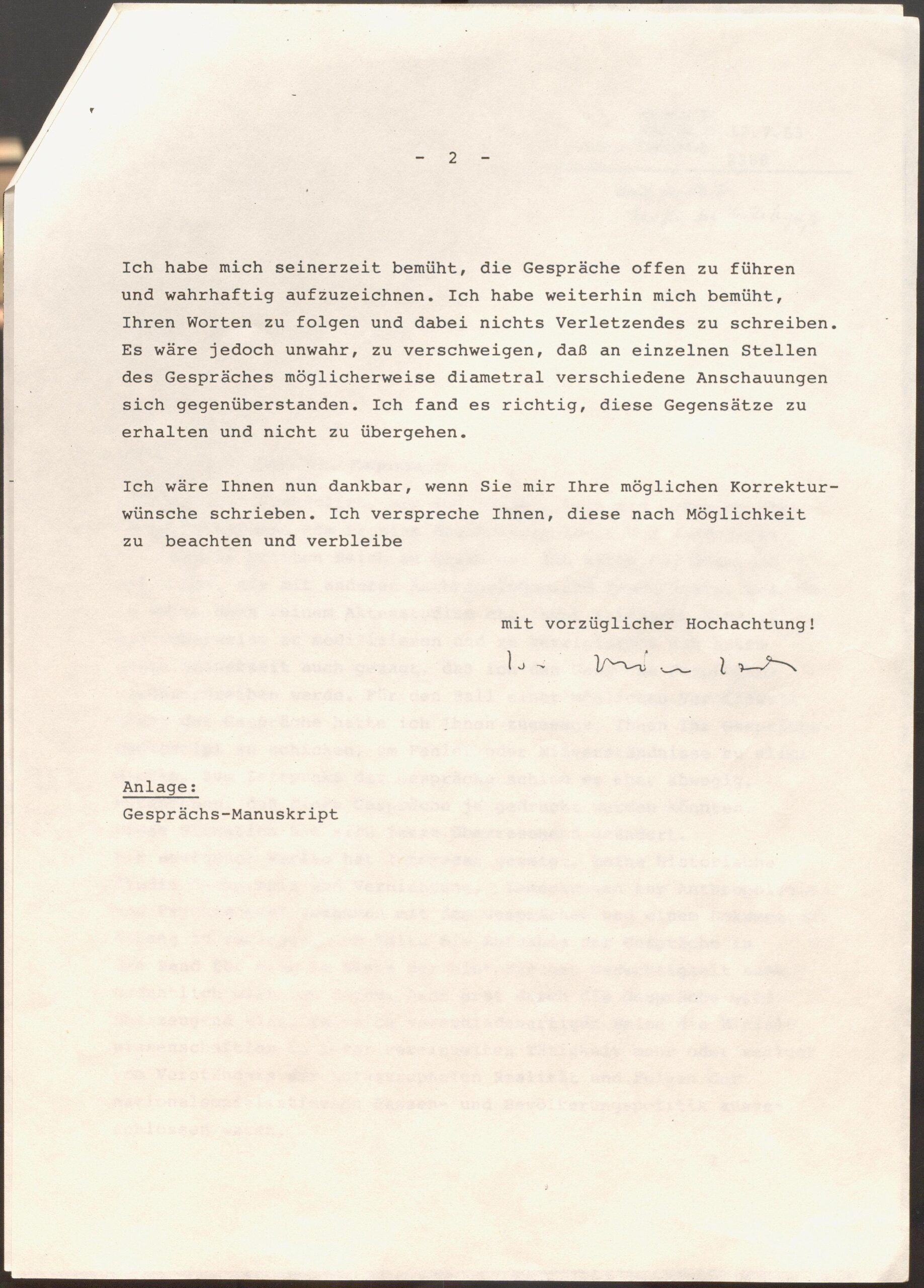 Scan0013 A typed German letter on off-white paper discusses conversation points and correction wishes. There is a handwritten signature at the end, and a note mentions an attached conversation manuscript. The letter is neatly formatted.