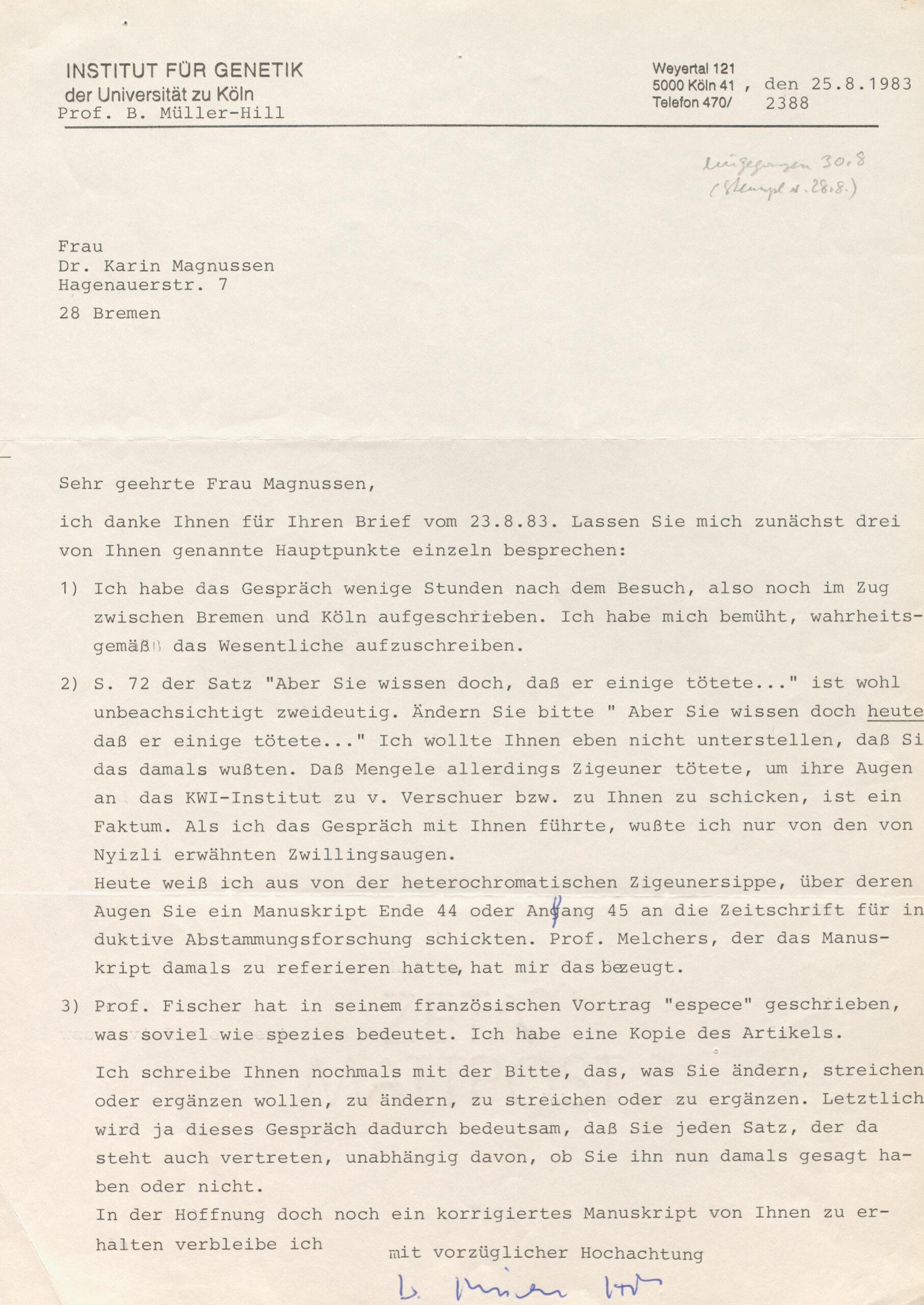 Scan0014 A typed German letter on official letterhead from the Institute for Genetics, University of Cologne, addressed to Frau Karin Magnussen, dated August 25, 1983, discussing manuscript revisions and correspondence.