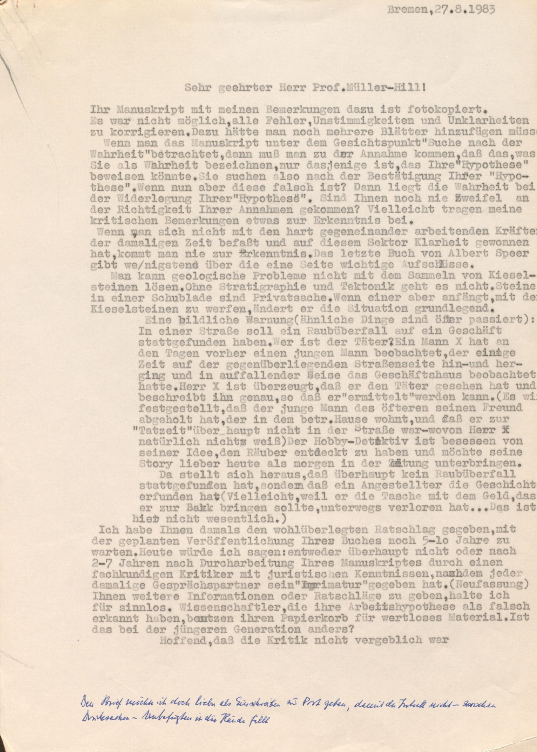 Scan0015 A typed German letter dated 27.8.1985, addressed to Prof. Müller-Mülli, covers an entire page with a handwritten note in blue ink at the bottom. The typewritten text appears single-spaced.