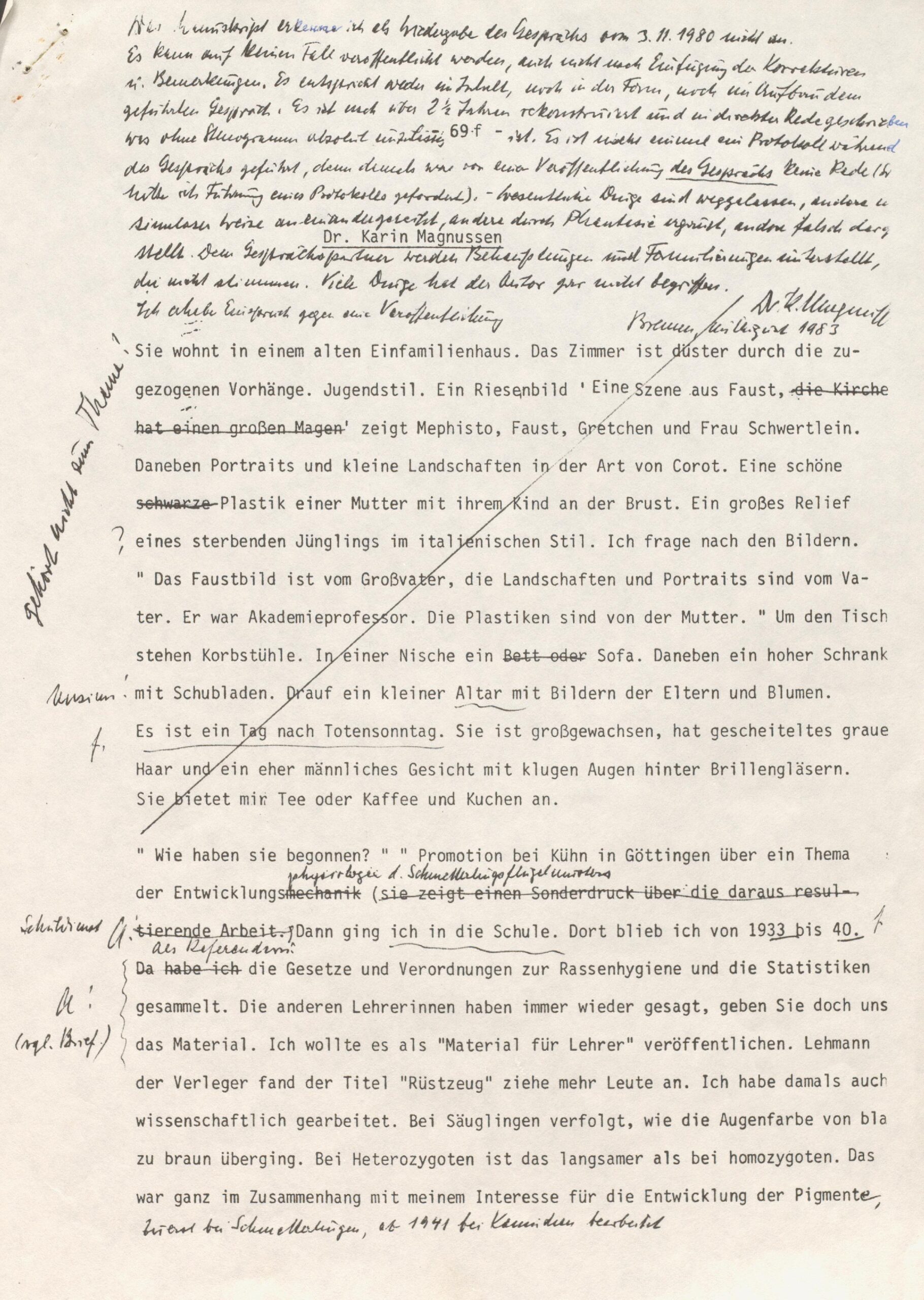 Scan0017 A handwritten and typed manuscript with German text, annotations, and edits in pen. Some sentences are crossed out, and handwritten notes appear in the margins and between lines. The paper looks worn and slightly yellowed.