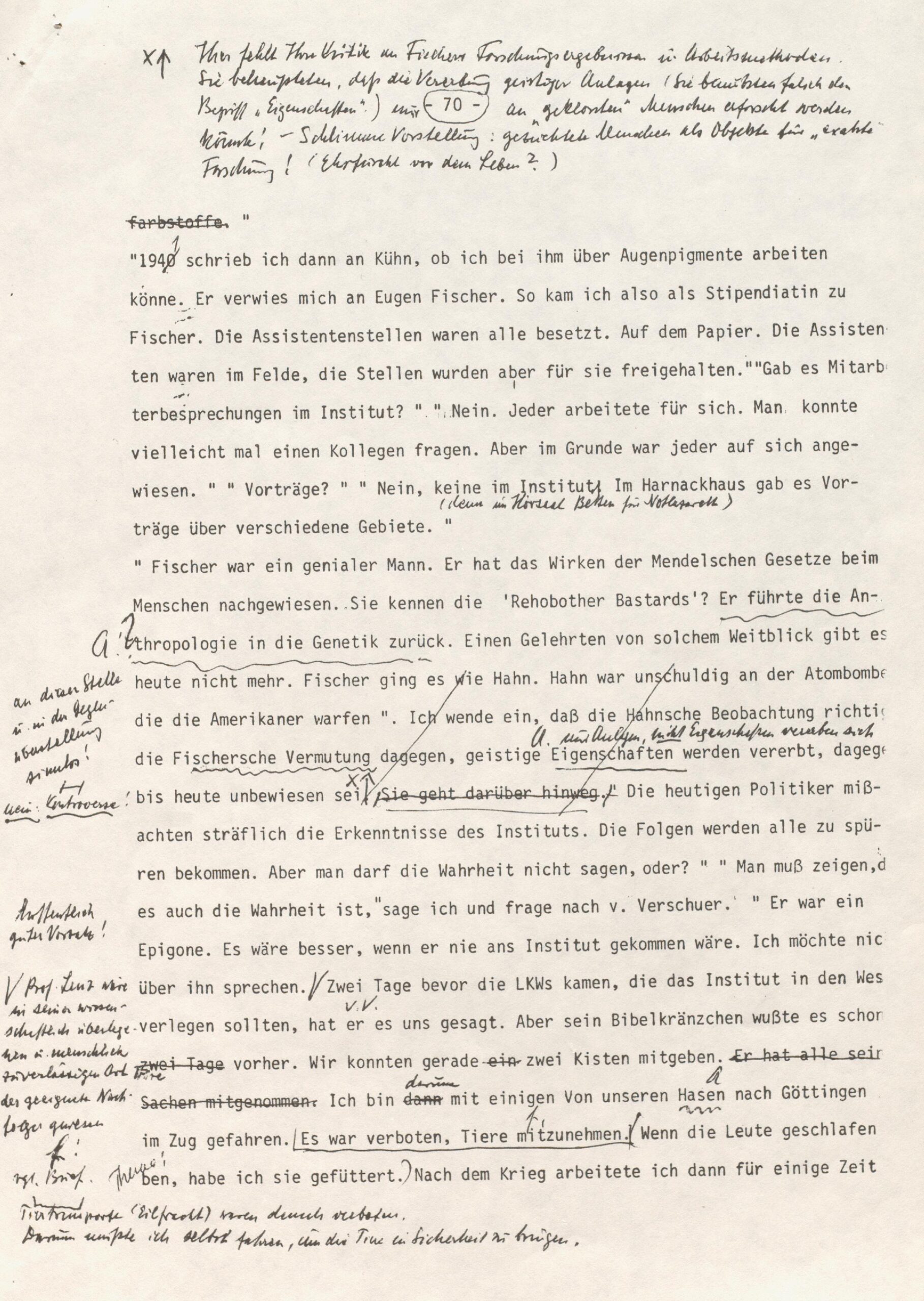 Scan0018 A typewritten page in German with handwritten edits, comments, and underlining in black ink. Some sections are crossed out; the left margin and between lines contain notes and symbols, with a circle around the number 70 near the top.
