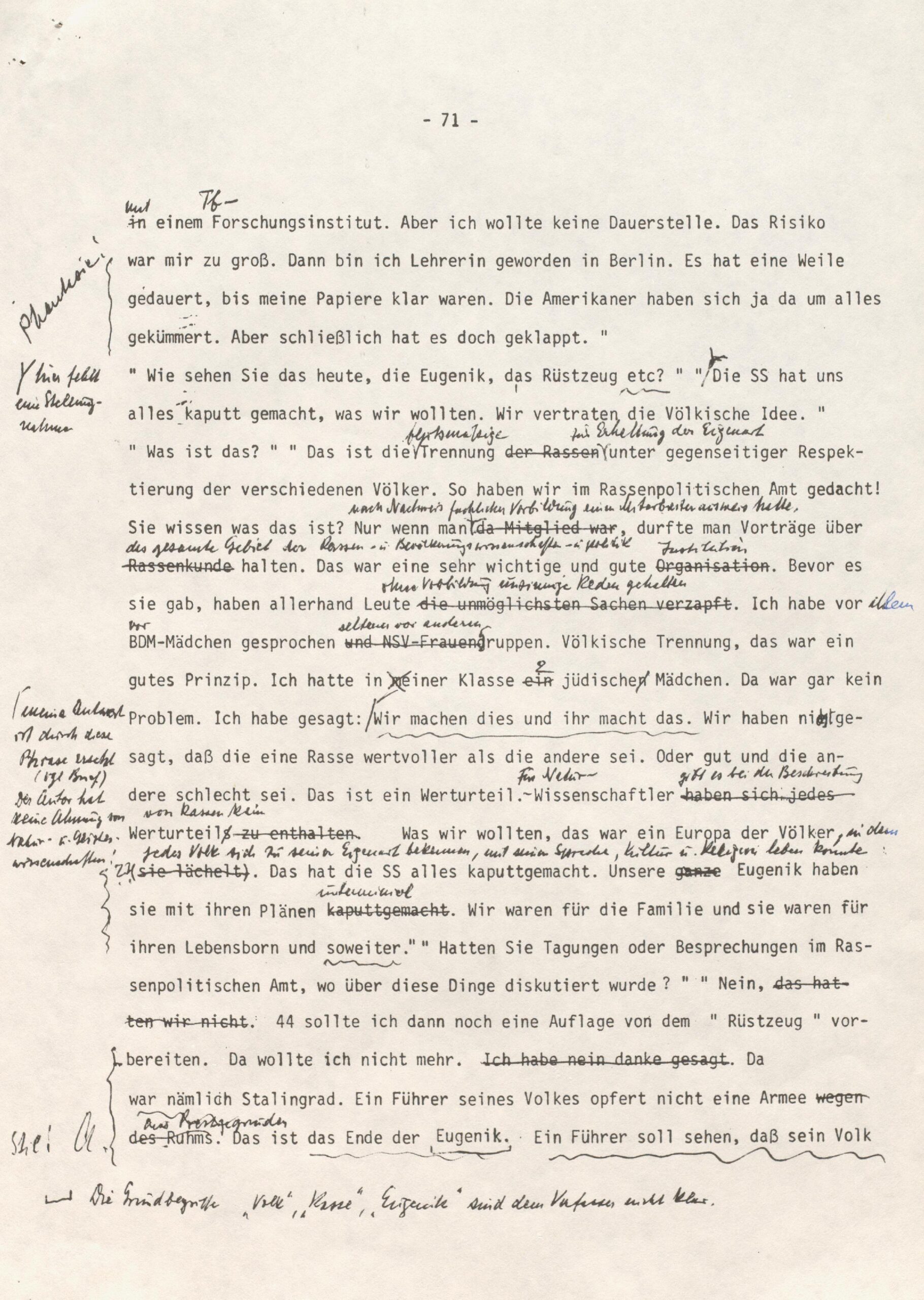 Scan0019 A typewritten German page with handwritten annotations and edits in black ink. The text appears to be a historical or academic document, possibly a transcript or manuscript with marked corrections.