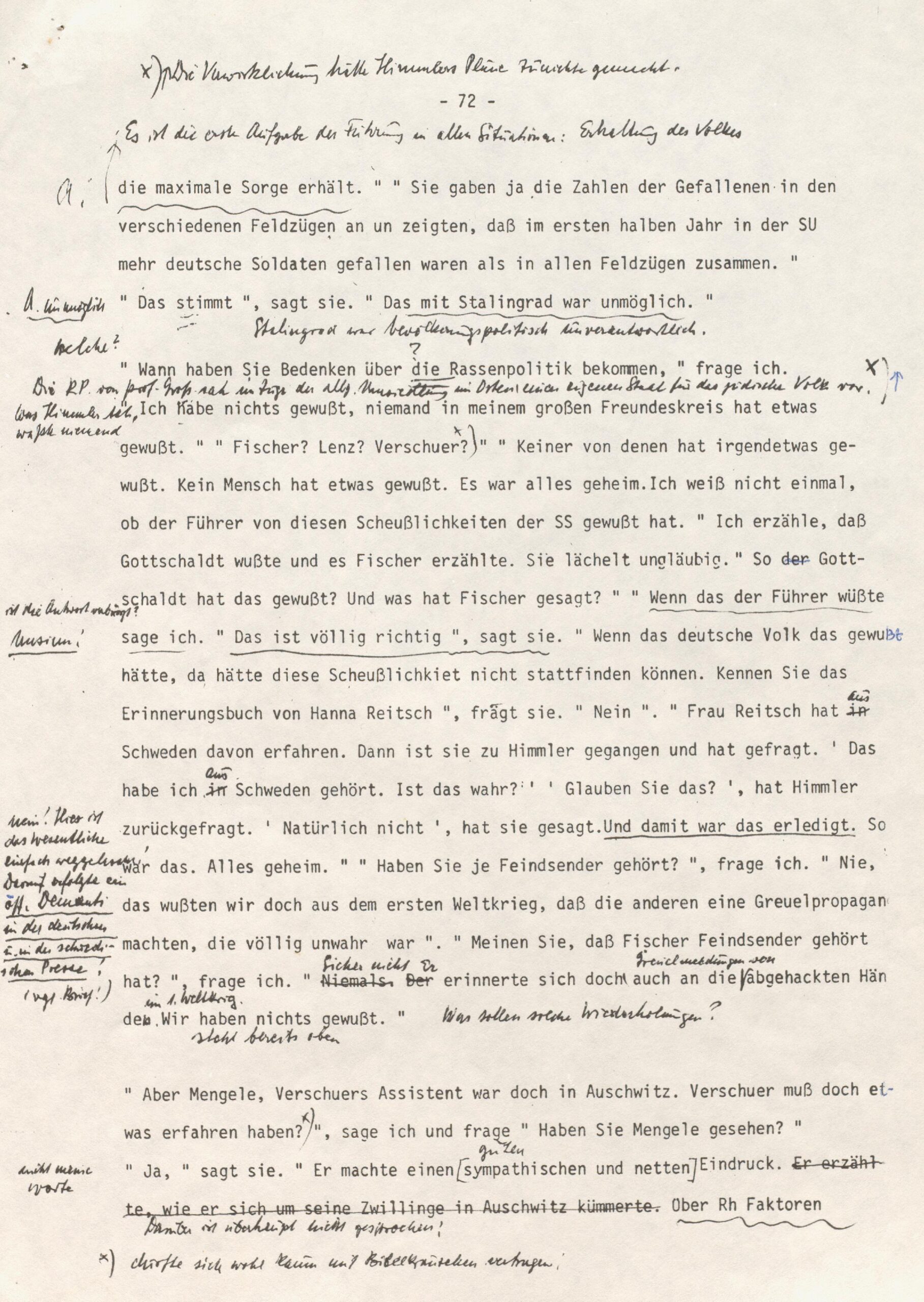 Scan0020 Typewritten German text with handwritten notes and corrections in the margins and between the lines. The document features underlined phrases and parenthetical remarks, resembling an edited manuscript page.