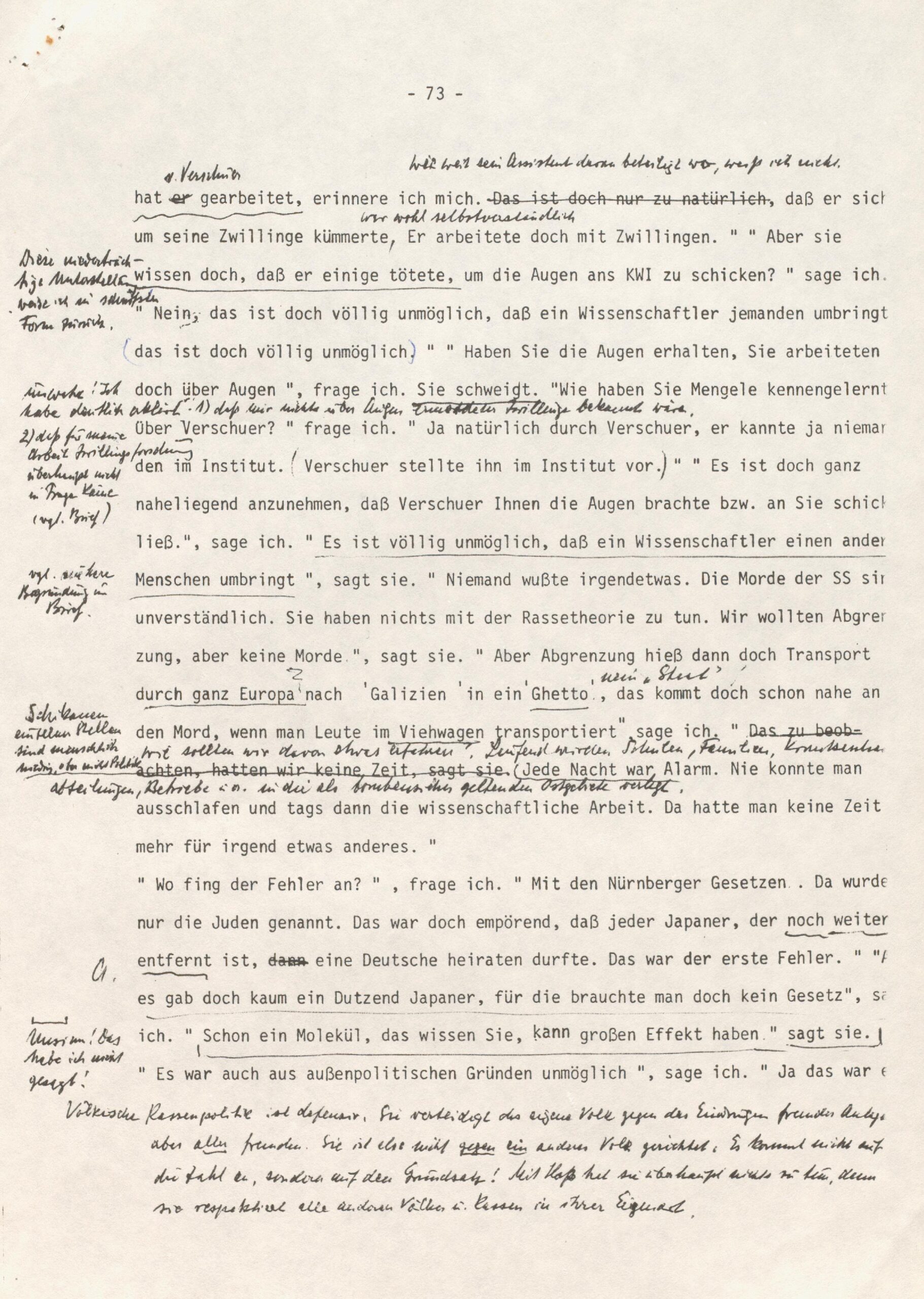 Scan0021 A typewritten page in German with handwritten notes in black ink in the margins, featuring both underlined phrases and comments, on an off-white sheet labeled 73 at the top.