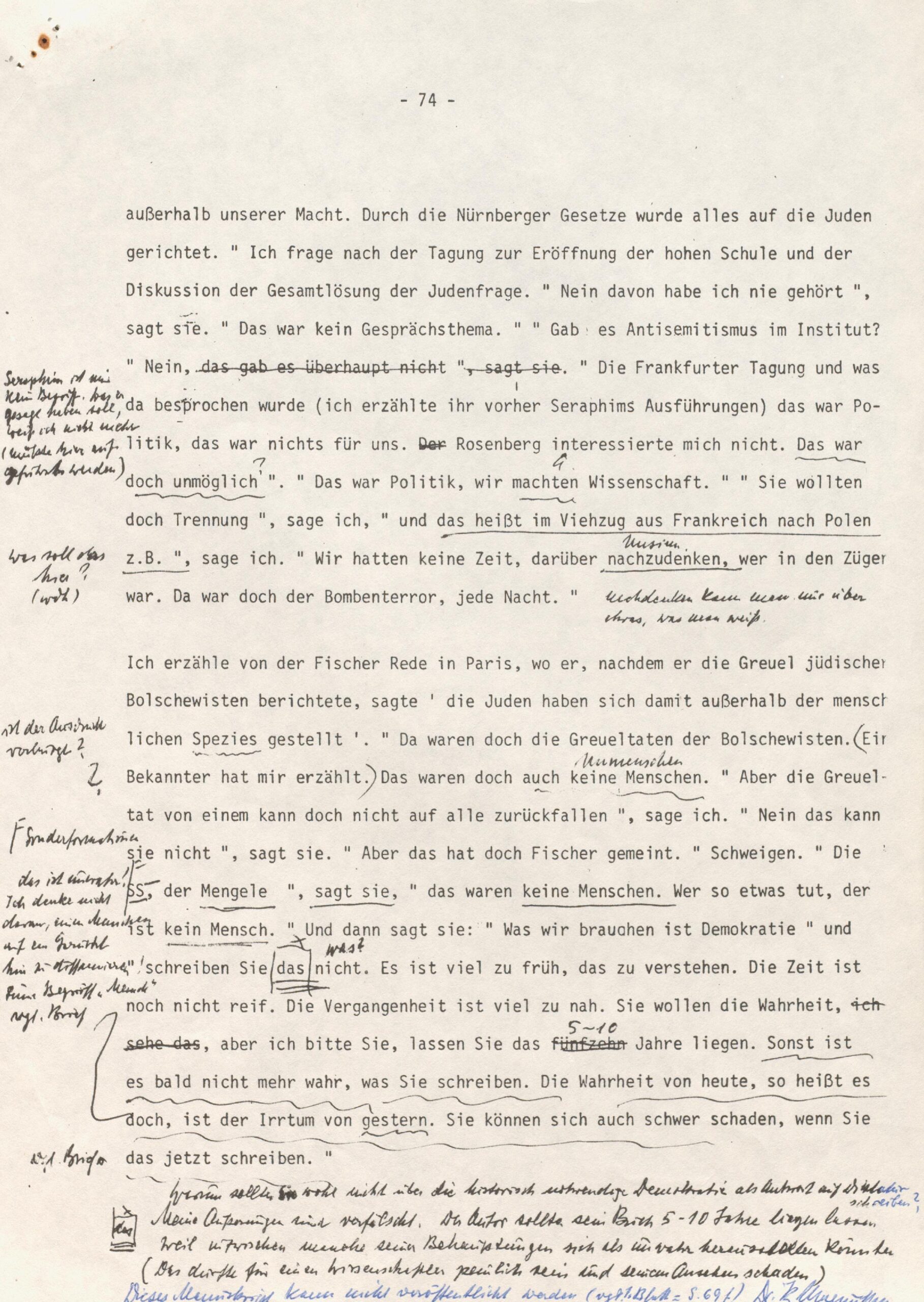Scan0022 A typed German document with handwritten annotations and edits in black pen in the margins and between lines on aged paper, numbered 74 at the top.