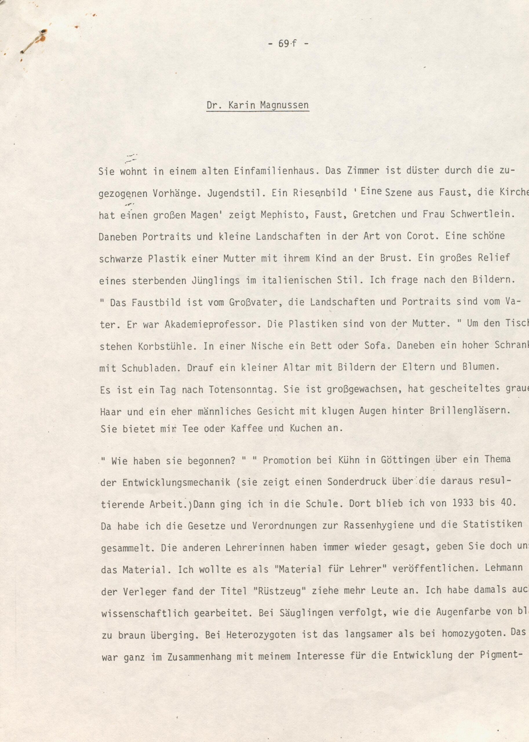 Scan0023 A typed German text on an off-white sheet, discussing Dr. Karin Magnussen. The page is slightly yellowed, with 69f at the top and no visible images or diagrams. The text appears centered and neatly aligned.